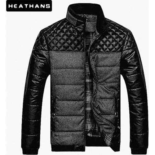 Winter Men Parkas Fashion Mens Thicken Cotton Jackets Male Casual PU Patchwork Color Contrast Outerwear Plaid Coats Men Clothing