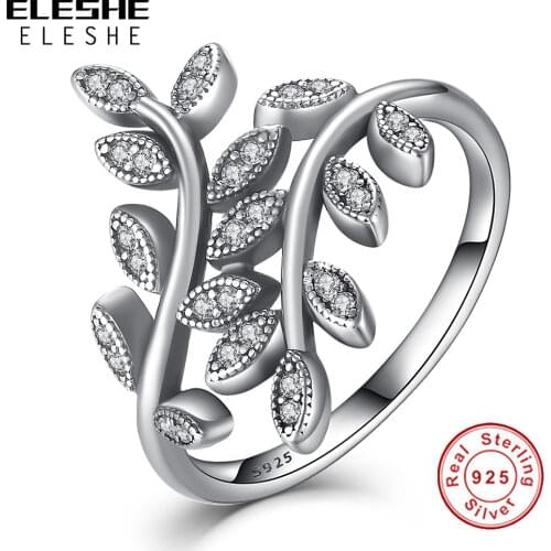 ELESHE Authentic 925 Sterling Silver Leaf Finger Ring with crystal CZ Luxury Jewelry Fashion Rings for Women