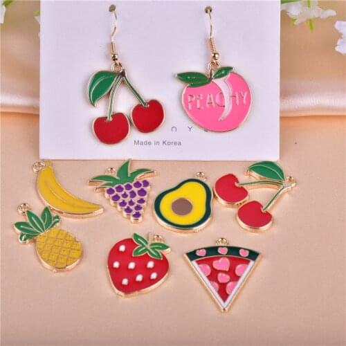 10pcs/pack Fruit Cherry Stawberry Enamel Metal Charms Golden Base Earring Bracelet DIY Jewelry Making