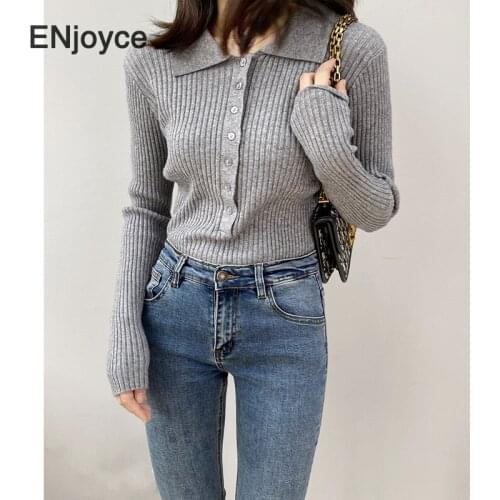 Vintage Lapel Womens Knitted Pullover Solid Long Sleeve Sweaters Female Slim Fit Sweater Autumn Winter Korean Clothing