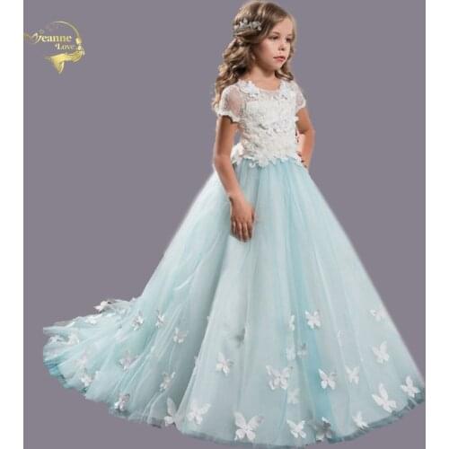 Light Sky Blue 2020 Flower Girl Dresses For Weddings Ball Gown Short Sleeves Flowers Veil Prom Dress Kids Children Baby Costume