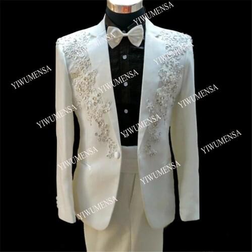 YIWUMENSA Last Designer Beading Mens Tailor-Made Ivory Wedding Suits Tuxedos Appliques Groom Wear Dinner Prom Party Blazer Dress