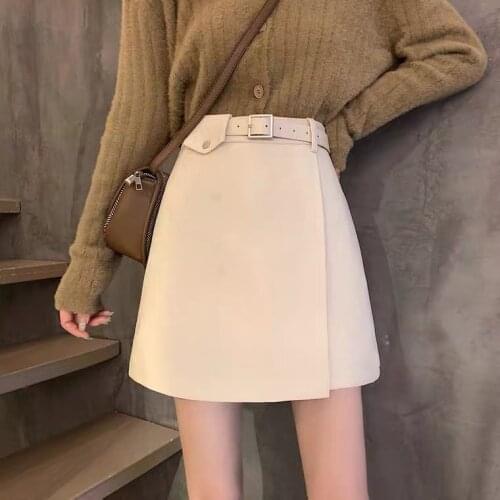 New Autumn Winter Womens Skirts Lady Trendy A-Line Blend Skirt Female Wool Hips Skirt With Belt Slim Vintage Black Mujer X13