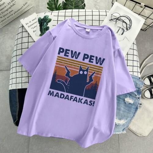 Pew Pew Madafakas Women T Shirts Cute Black Cats Printing Shirt Female Fashion Oversize T-Shirt Summer Casual Tops Short Sleeve