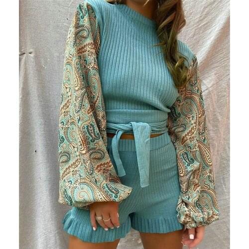 Womens ShortsTwo Piece Set Slim Fit Crop Tops Female Outfits Fashion Splicing Suit Casual Long Sleeve High Waiat Shorts 2021