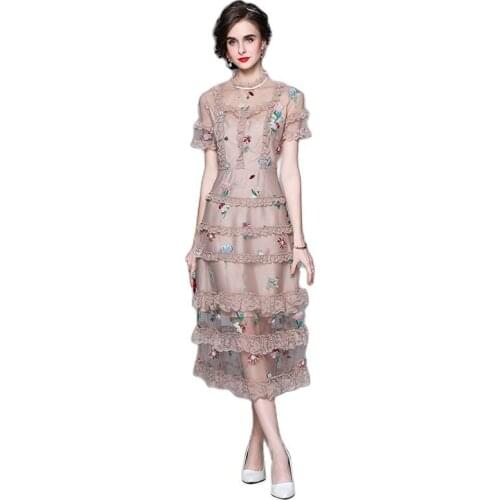 BunniesFairy 2021 Spring Summer Women Sweet Princess Flower Embroidery Fairy Mesh Lace Patchwork Ruffles Beige Long Midi Dress