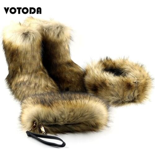 Winter Warm Faux Fur Ankle Boots Fashion Furry Handbag Fur Headband Set Women Casual Fluffy Snow Boots Purse Bags Match Sets Hot