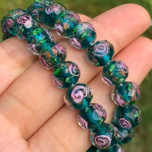 10mm Peacock Green Flower Murano Transparent Faceted Rondelle Lampwork Crystal Glass Beads For Bracelet Making Diy Accessories