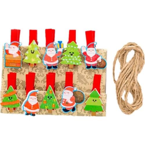 10PCS/ Set Christmas Tree Santa Snowman Wooden Clothespins with Jute Twine Photo Paper Craft Clips Arts Crafts Decorative Clips