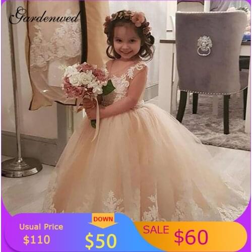 Champagne Ball Gown Flower Girl Dresses O-Neck Ivory Lace Appliques Little Girl Wedding Party Dress Long Tulle Communion Dresses