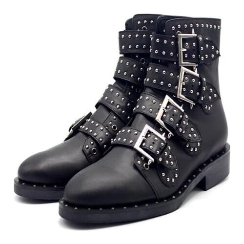 New Genuine Leather Motorcycle Ankle Boots Buckle Pointed toe Rivet Mens Boots High Quality Black casual short Men boots