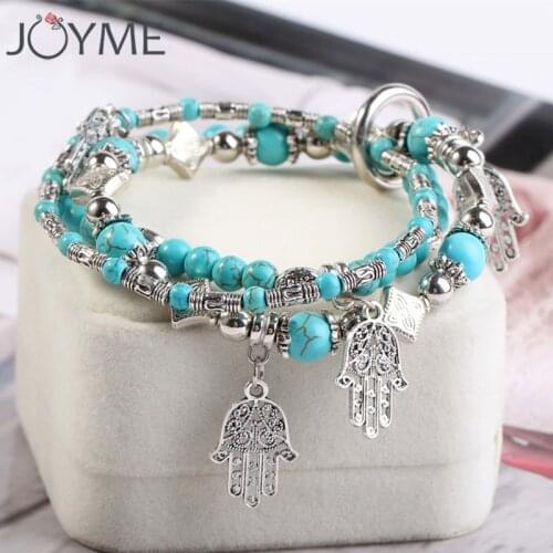 Boho Stones Beads Bracelets for Women Turquesa and Silver Color Hamas Hand Pendant Bohemian Charm Layered Bracelet 3 Pieces/set