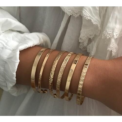 6 Pcs/2 Pcs/Set Personality Women Bracelets Engraved Letter Love Open Gold Wide Bangle Set Exaggerated Birthday Party Jewelry