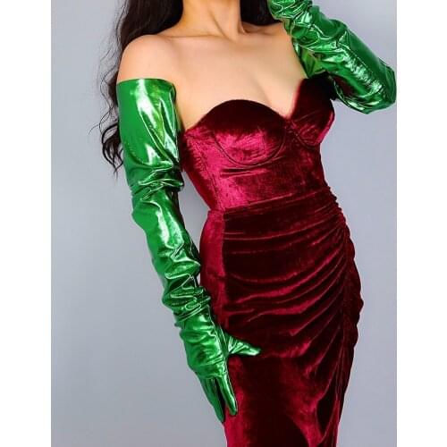 LATEX LONG GLOVES Faux Shine Patent Leather 35" 90cm Electric Green Loose Fit Women Leather Gloves PU244