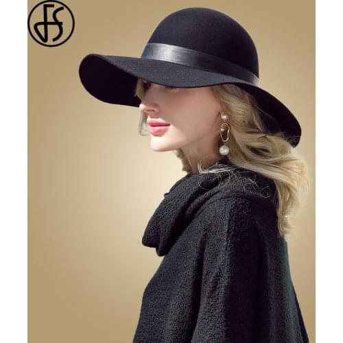 FS 2020 Winter Black Hat For Women Big Wool Fedora Hats With Leopard Belt Cloche Felt Wide Brim Bowler Hats Ladies Derby Fedoras