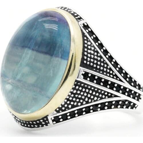 Natural Fluorite Stone Mens 925 Sterling Silver Rings Shofar Exquisite Handcrafted Turkish Jewelry For Men Health and Love