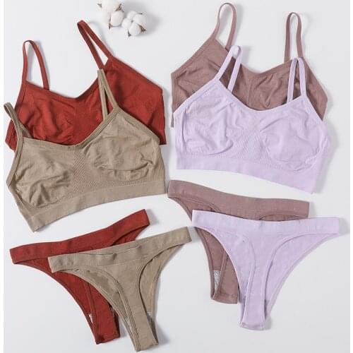 Women Bra And Thong Set Sexy Lingerie Female Unlined Bra Crop Top Push Up Bralette Comfort Brassiere Seamless Underwear Sets