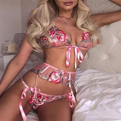 Women Sexy Floral Embroidery Lingerie Set with Ribbon Deep V-neck Underwear Mesh Bra Panties Sexy Set Female Exotic Sets