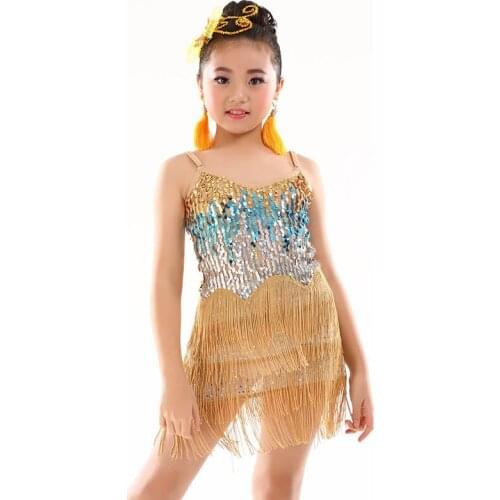 Latin Dance Costume Latin Salsa Dresses Children Sequined Latin Ballroom Dance Dress Children Girls Dancewear Fringe Dress