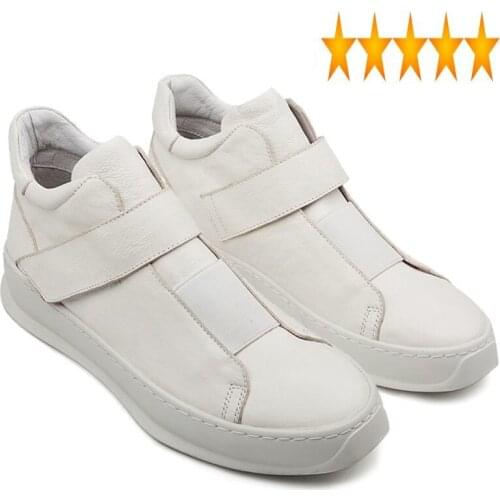 Real Brand New Mens Cow Leather Casual Shoes Slip On Loafers Male Top Platform Sneakers Fashion High Street White Trainers