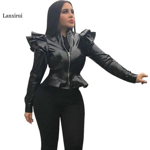 Black Faux Leather Bomber Jacket Women Long Sleeve Zipper Ruffle Shrug Motorcycle Jackets Slim Short Coats and Jackets Outerwear