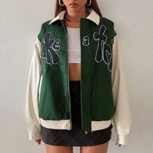 Autumn TAKE A TRIP Bomber Jacket Women Letter Applique Loose Baseball Jacket 2021 New Grass Green Contrast Sleeve Coat Outerwear