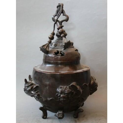 Collectible bronze S2029 15" Japan Japanese Bronze 3 Foot circular apparition Head Incense Burner Censer