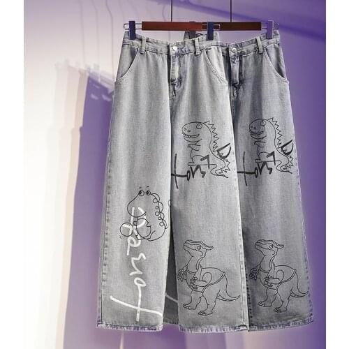 Summer Vintage Cute Jeans Woman Long Trousers Cowboy Female Loose Streetwear Dinosaur Print Pants Funny Harajuku Pants Female