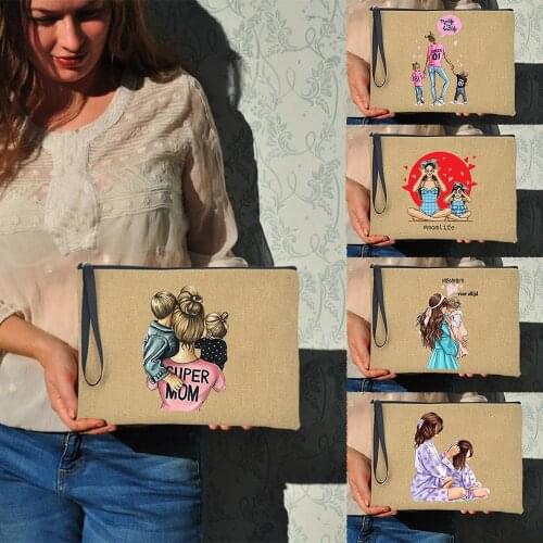 Super Mom Linen Clutch Bag For Women Casual Fashion Makeup Pouch Handbag Female Toiletries Storage Bags Ladies Organizer Gift
