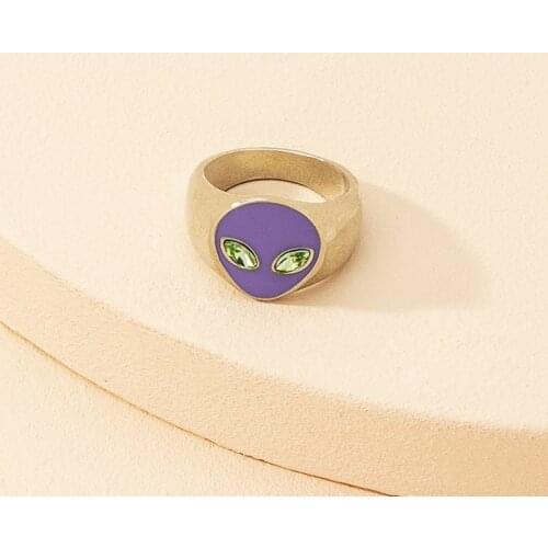 New Fashion Purple Alien Face Metal Finger Rings For Women Punk Hiphop Green Crystal Oval Geometric Rings Party Jewelry For Gift