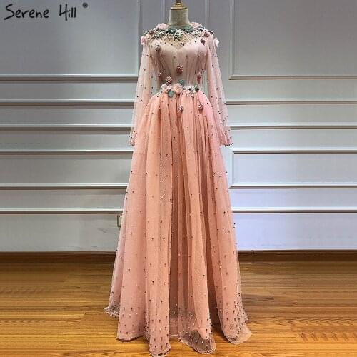 Peach O-Neck Long Sleeve Dubai Prom Dresses Design 2020 Handmade Flowers Pearls Prom Gowns Serene Hill BLA60766