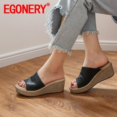 EGONERY Women Slope Heel Sandals Slipper summer Fashion New Style Concise Comfortable Mature Peep Toe rhinestone decoration