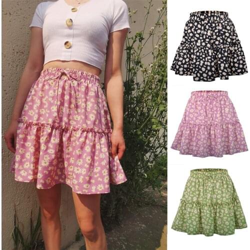 Women’s Summer Ruffles Short Skirt Fashion Floral High-waist Pleated Stitching A-line Skirt