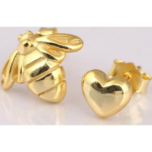 Original Golden Bee And Heart Studs 925 Sterling Silver Earrings For Women Wedding Gift Europe Birthday Jewelry