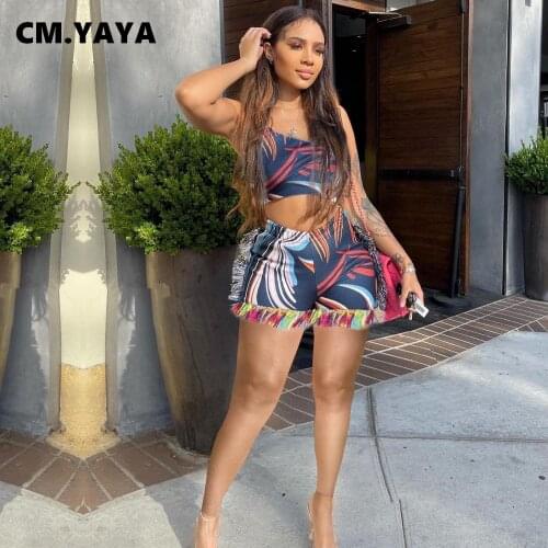 CM.YAYA Women Set Tassel Print Sleeveless One Shouder Crop Tops Stretchy Shorts Two 2 Piece Sets Sexy Fashion Outfit Summer 2021