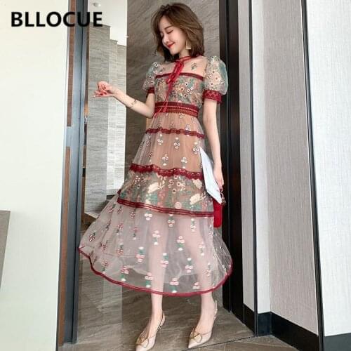 BLLOCUE Elegant Flower Embroidery Runway Dress Women Vintage Stand Collar lace-up Puff Sleeve Mesh Splice Lace Dress
