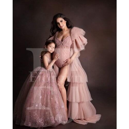 New Design 2021 Pink Tiered Ruffles Tulle Maternity Dresses for Photoshoot Customized Open Front Pregnant Women Robe Party Dress