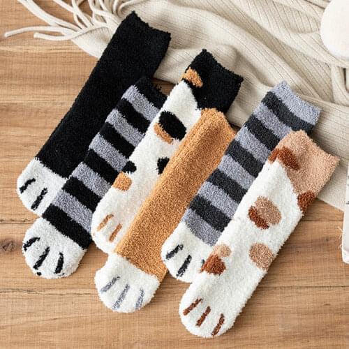 Winter plush coral fleece socks female tube socks autumn and winter cat claws cute thick warm sleeping floor sleep socks