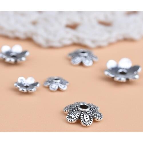 10pcs Handmade diy material accessories 925 sterling Silver Retro six-word Mantra Flower receptacle piece, beads bracelet access