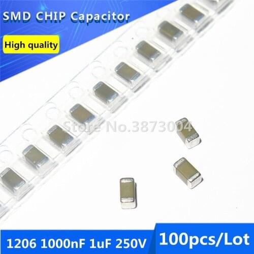 100pcs 1206 1000nF 1uF 250V 10% Thick Film Chip Multilayer Ceramic Capacitor