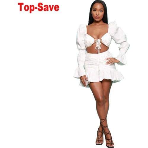 2021 Autumn Sexy Two Piece Set Women White Bandage Puff Sleeve Solid Color Crop Top And Mini Skirt Ruffles Clubwear Matching Set