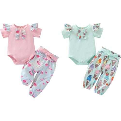 0-18M Newborn Infant 3PCS Baby Girls Summer Outfits Short Sleeve Ruffle Romper Belted Pants Headband Set