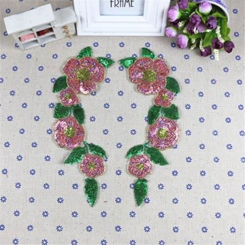 Pink flower sequined patches sewing on garment accessories decoration stick embroidery applique patches for clothing