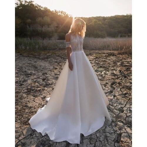 Bohemian Wedding Dresses 2021 Lace Satin Bridal Gowns Button Back A-Line Wedding Dress Robe De Mariee