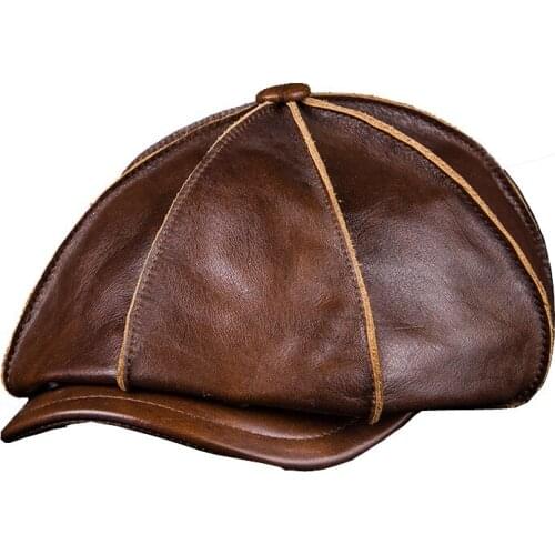 Boutique Beret Mens High Quality Leather Top Layer Cowhide Outdoor Winter Warm Octagonal Cap British Vintage Decorative Hat