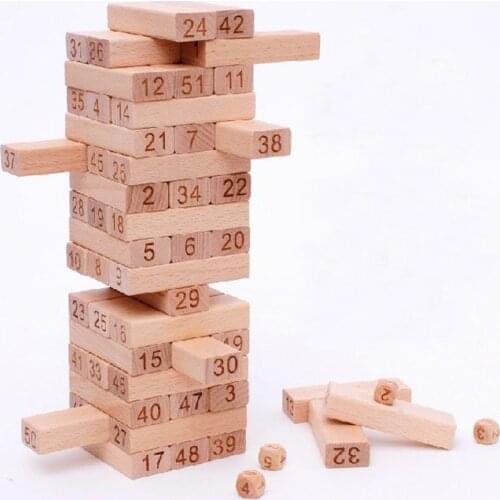51Pcs Beech Wooden Tower Toy Wood Building Blocks Toy Domino 54pcs Stacker Extract Building Educational Game Gift 4pcs Dice