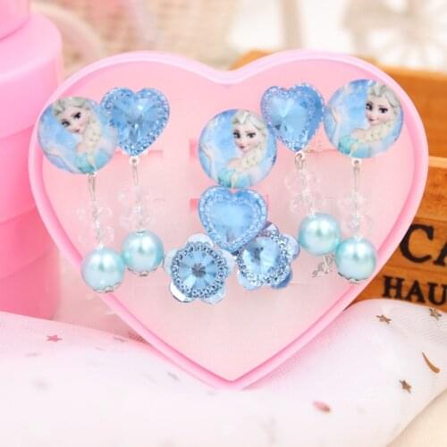 8pcs/lot Disney Elsa cartoon children clip earring ring Frozen dangle stud earring girl birthday gift doll cosmetic accessories