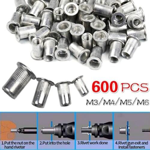 600PCS M3/M4/M5/M6 4Sizes Aluminum Alloy Rivnut Flat Head Threaded Rivet Insert Nutsert Cap Rivet Nut