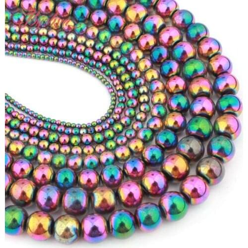 Hematite Beads Round Smooth Mulitcolor Rainbow Hematite Natural Stone for DIY Accessories Necklace Bracelets Jewelry Making 15"