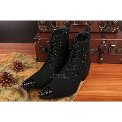 Western black strap cowboy boots mens italian military boots pointed toe suede dress wedding shoes size13